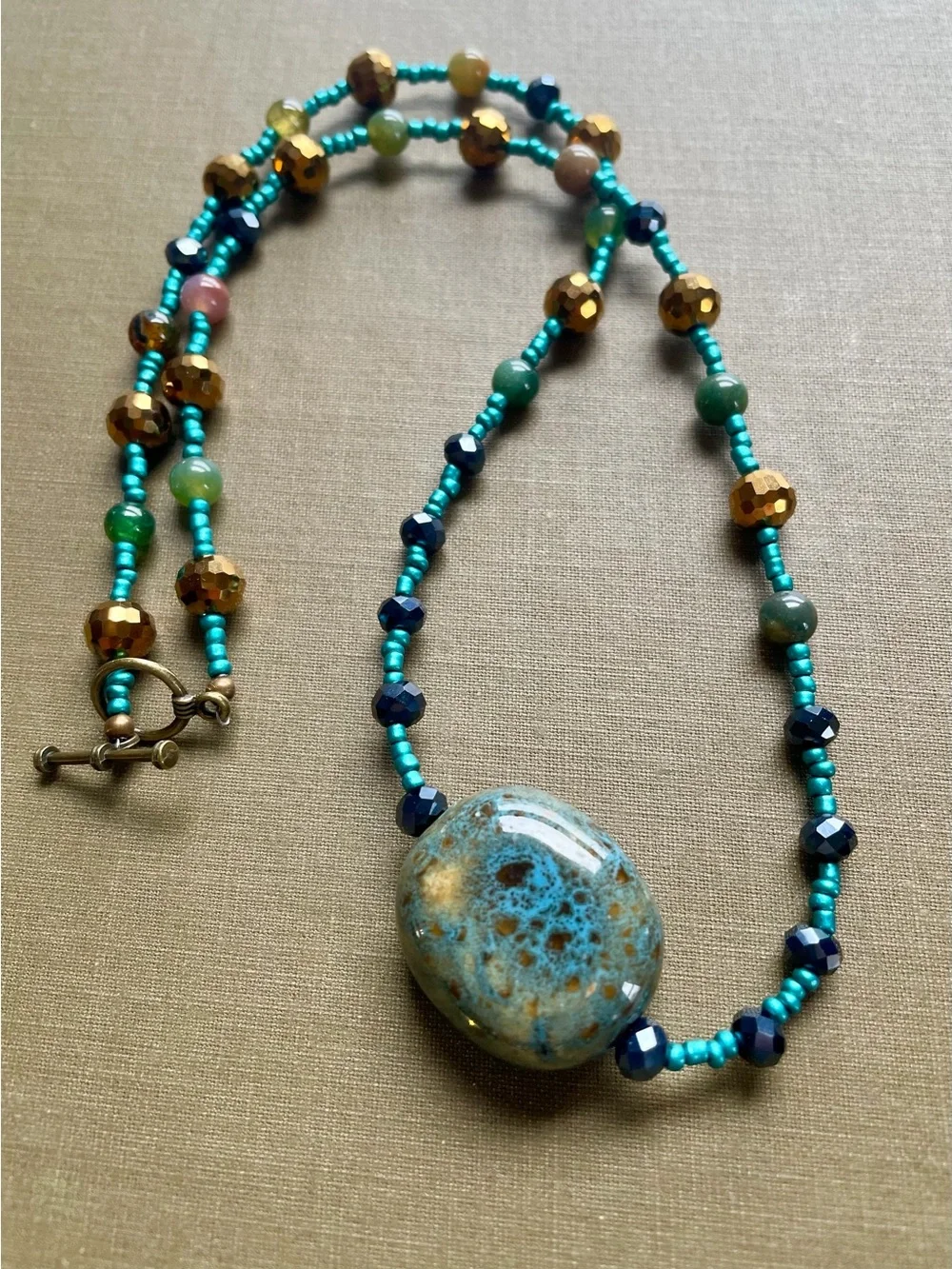 Turquoise and Gold Beaded Pendant Necklace - Women Jewelry